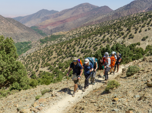 Group of walkers taking part in expedition, rural setting. 